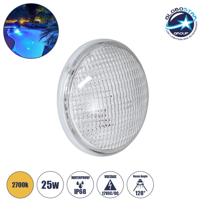 GloboStar® POOLANO 61535 Λάμπα LED Σποτ Πισίνας GX16D PAR56 25W 1875lm 120° AC/DC 12V Αδιάβροχο IP68 IK06 Tempered Glass Φ18 x Υ10cm Θερμό Λευκό 2700K - Bridgelux Chip - 3 Years Warranty