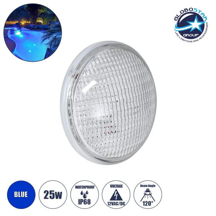 GloboStar® POOLANO 61536 Λάμπα LED Σποτ Πισίνας GX16D PAR56 25W 1750lm 120° AC/DC 12V Αδιάβροχο IP68 IK06 Tempered Glass Φ18 x Υ10cm Μπλε - Bridgelux Chip - 3 Years Warranty