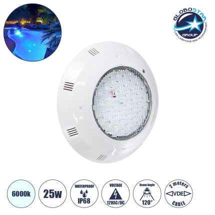 GloboStar® POOLΕΤΙ 61538 PRO Φωτιστικό Πισίνας LED 25W 2125lm 120° AC/DC 12V Αδιάβροχο IP68 IK06 Tempered Glass Φ30 x Υ6.5cm Ψυχρό Λευκό 6000K - Bridgelux Chip - 2 Meter VDE Certified Cable - 3 Years Warranty