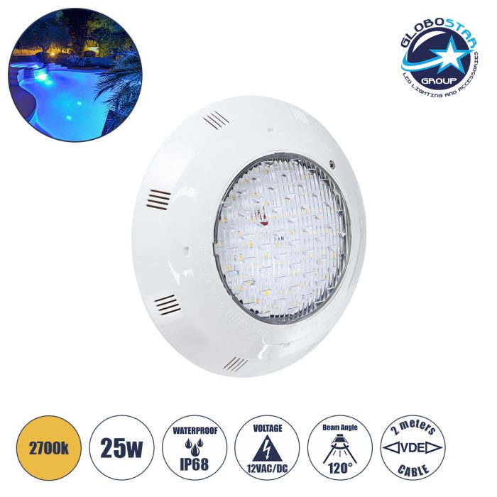 GloboStar® POOLΕΤΙ 61540 PRO Φωτιστικό Πισίνας LED 25W 1875lm 120° AC/DC 12V Αδιάβροχο IP68 IK06 Tempered Glass Φ30 x Υ6.5cm Θερμό Λευκό 2700K - Bridgelux Chip - 2 Meter VDE Certified Cable - 3 Years Warranty