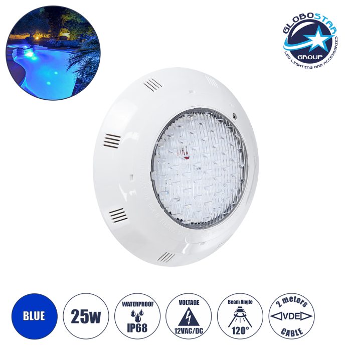 GloboStar® POOLΕΤΙ 61541 PRO Φωτιστικό Πισίνας LED 25W 1750lm 120° AC/DC 12V Αδιάβροχο IP68 IK06 Tempered Glass Φ30 x Υ6.5cm Μπλε - Bridgelux Chip - 2 Meter VDE Certified Cable - 3 Years Warranty