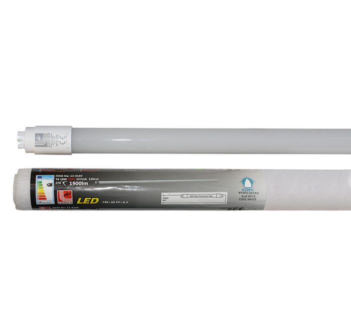 Led Λαμπα Γυαλινη T8 120Cm 18W 230V Διπλης Τροφοδος. Ψυχρο