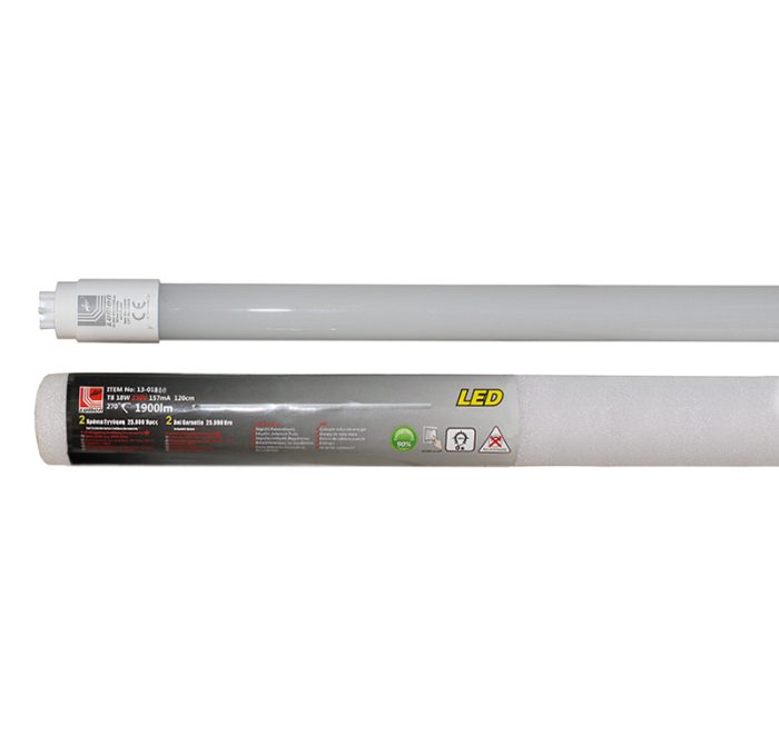 Led Λαμπα Γυαλινη T8 120Cm 18W 230V Διπλης Τροφοδος. Θερμο