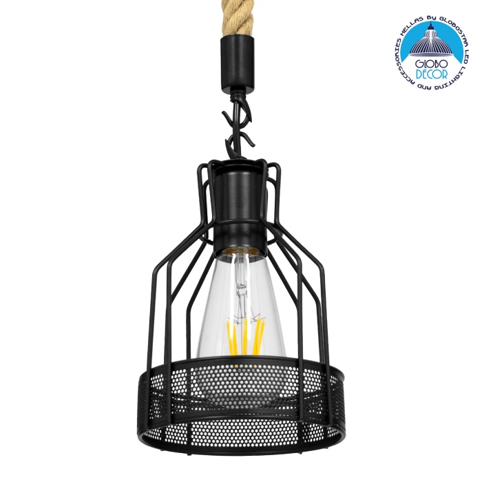 GloboStar® MASON 00881 Vintage Industrial Κρεμαστό Φωτιστικό Οροφής Μονόφωτο 1 x E27 Μαύρο με Μπεζ Σχοινί Φ15 x Y24cm