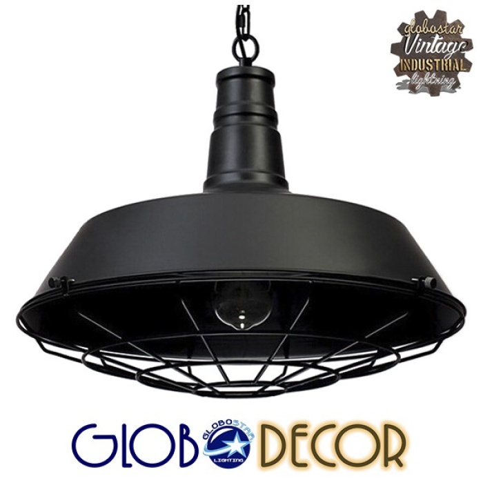 GloboStar® BARN 01048 Vintage Industrial Κρεμαστό Φωτιστικό Οροφής Μονόφωτο 1 x E27 Μαύρο Μεταλλικό Καμπάνα Φ46 x Y25cm