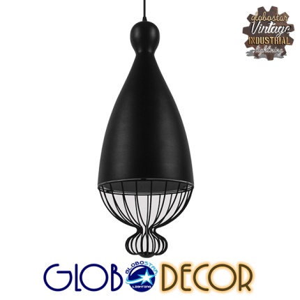 GloboStar® CARNEL 01106 Vintage Κρεμαστό Φωτιστικό Οροφής Μονόφωτο Μαύρο Μεταλλικό Πλέγμα Φ26 x Y70cm