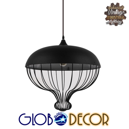 GloboStar® SOBRINO 01108 Vintage Κρεμαστό Φωτιστικό Οροφής Μονόφωτο Μαύρο Μεταλλικό Πλέγμα Φ46 x Y50cm