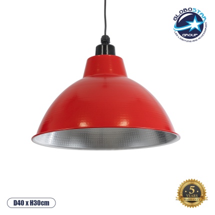 GloboStar® LOUVE 01177 Vintage Industrial Κρεμαστό Φωτιστικό Οροφής Μονόφωτο 1 x E27 AC220-240V IP20 - Φ40 x Y30cm - Κόκκινο με Ασημί Μεταλλικό Καμπάνα - 5 Χρόνια Εγγύηση