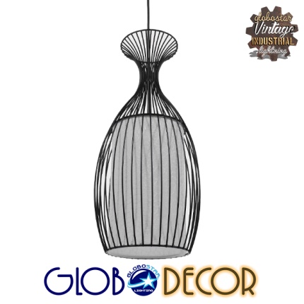 GloboStar® REA 01196 Μοντέρνο Κρεμαστό Φωτιστικό Οροφής Μονόφωτο Μαύρο Μεταλλικό Πλέγμα με Υφασμάτινο Εσωτερικό Καπέλο Φ20 x Y44cm