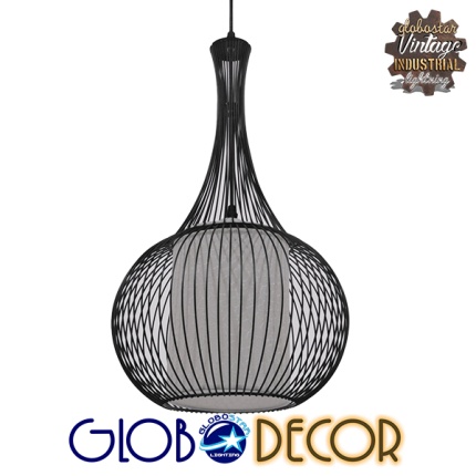 GloboStar® BERNA 01198 Μοντέρνο Κρεμαστό Φωτιστικό Οροφής Μονόφωτο Μαύρο Μεταλλικό Πλέγμα με Υφασμάτινο Εσωτερικό Καπέλο Φ30 x Y50cm