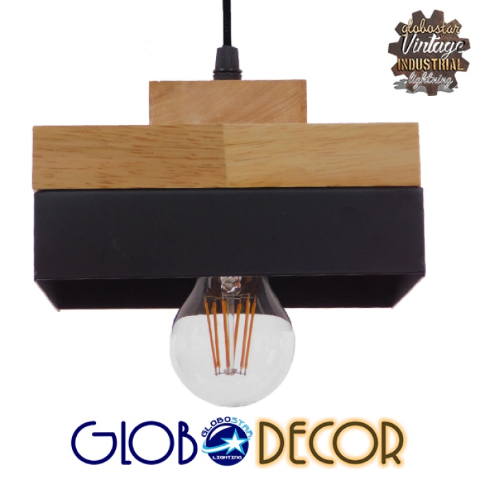 GloboStar® RUHIEL 01234 Μοντέρνο Κρεμαστό Φωτιστικό Οροφής Μονόφωτο 1 x E27 Μαύρο Μεταλλικό με Φυσικό Ξύλο Καμπάνα Φ18 x Y11.5cm