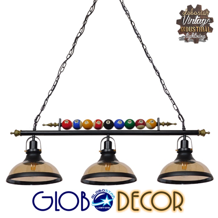 GloboStar® BILLIARD SERIES 01280 Vintage Industrial Κρεμαστό Φωτιστικό Οροφής Τρίφωτο 3 x E27 Mαύρο Μεταλλικό Μ96 x Π25 x Υ30cm