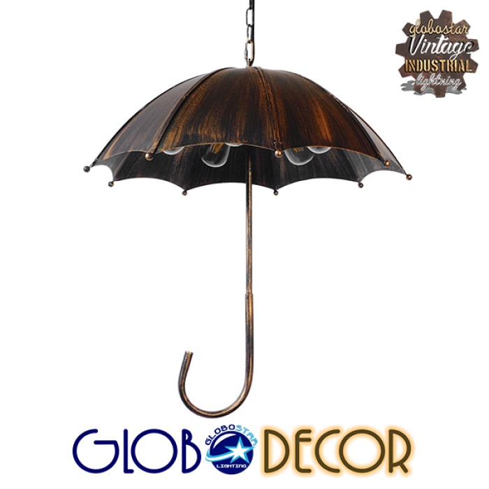 GloboStar® UMBRELLA 01406 Vintage Industrial Κρεμαστό Φωτιστικό Οροφής Πολύφωτο 5 x E27 Μαύρο Καφέ Σκουριά Μεταλλικό Φ58 x Υ60cm