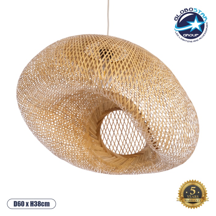 GloboStar® CARIBBEAN 01724 Vintage Κρεμαστό Φωτιστικό Οροφής Μονόφωτο 1 x E27 Μπεζ Ξύλινο Μπαμπού Φ60 x Y38cm