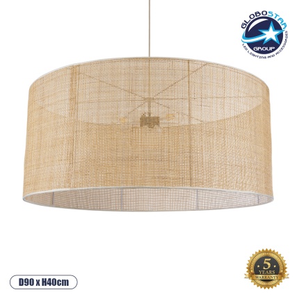 GloboStar® YOTTO 01823 Boho Κρεμαστό Φωτιστικό Οροφής Τρίφωτο 3 x E27 AC220-240V IP20 - Φ90 x Υ40cm - Μπεζ Μπαμπού Πλέγμα - 5 Χρόνια Εγγύηση