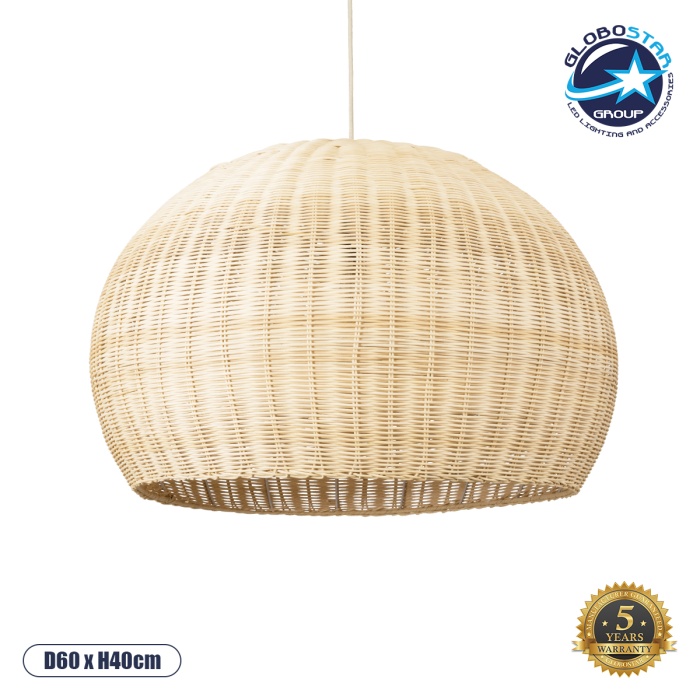 GloboStar® RAITO 01825 Boho Κρεμαστό Φωτιστικό Οροφής Μονόφωτο 1 x E27 AC220-240V IP20 - Φ60 x Υ40cm - Μπεζ Ξύλινο Μπαμπού Πλέγμα Καμπάνα - 5 Χρόνια Εγγύηση