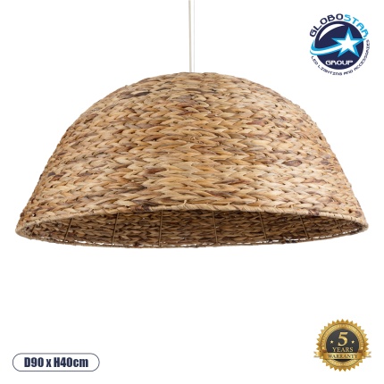 GloboStar® MANGATA 01848 Boho Κρεμαστό Φωτιστικό Οροφής Μονόφωτο 1 x E27 AC220-240V IP20 - Φ90 x Υ40cm - Καφέ Water Hyacinth - Υδρουάκινθος Πλέγμα Καμπάνα - 5 Χρόνια Εγγύηση