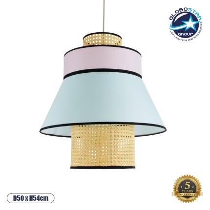 GloboStar® SAIGE 01920 Boho Κρεμαστό Φωτιστικό Οροφής Μονόφωτο 1 x E27 AC220-240V IP20 - Φ50 x Υ54cm - Μπεζ Ξύλινο με Ροζ Γαλάζιο και Μαύρες Λεπτομέρειες Πλέγμα - 5 Χρόνια Εγγύηση