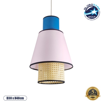 GloboStar® SAIGE 01921 Boho Κρεμαστό Φωτιστικό Οροφής Μονόφωτο 1 x E27 AC220-240V IP20 - Φ30 x Υ48cm - Μπεζ Μπαμπού Πλέγμα με Ροζ και Μπλε Υφασμάτινο Καπέλο - 5 Χρόνια Εγγύηση