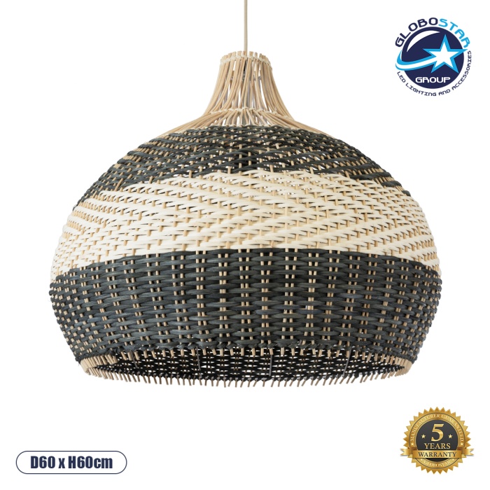 GloboStar® BARBADOS 01947 Boho Κρεμαστό Φωτιστικό Οροφής Μονόφωτο 1 x E27 AC220-240V IP20 - Φ60 x Υ60cm - Μπεζ με Χακί Ξύλινο Μπαμπού Πλέγμα Καμπάνα - 5 Χρόνια Εγγύηση