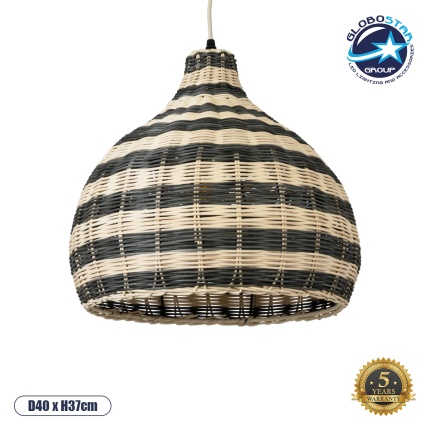 GloboStar® JAMAICA 01954 Boho Κρεμαστό Φωτιστικό Οροφής Μονόφωτο 1 x E27 AC220-240V IP20 - Φ40 x Υ37cm - Μπεζ με Χακί Ξύλινο Μπαμπού Πλέγμα Καμπάνα - 5 Χρόνια Εγγύηση