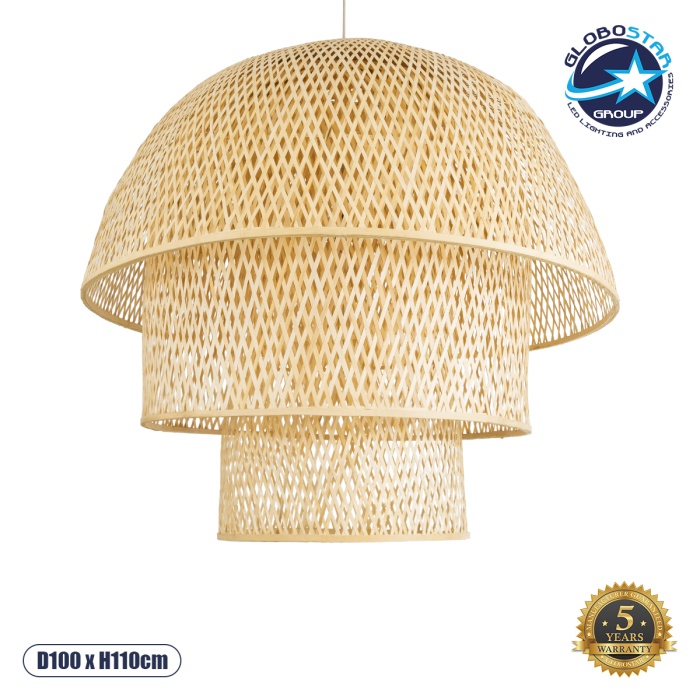 GloboStar® HIROKA 02046 Boho Κρεμαστό Φωτιστικό Οροφής Μονόφωτο 1 x E27 AC220-240V IP20 - Φ100 x Υ110cm - Μπεζ Ξύλινο Μπαμπού Πλέγμα Καμπάνα - 5 Χρόνια Εγγύηση