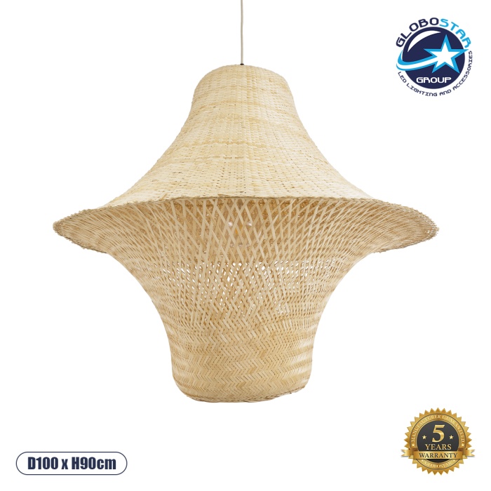 GloboStar® JUNIPER 02047 Boho Κρεμαστό Φωτιστικό Οροφής Μονόφωτο 1 x E27 AC220-240V IP20 - Φ100 x Υ90cm - Μπεζ Ξύλινο Μπαμπού Πλέγμα Καμπάνα - 5 Χρόνια Εγγύηση