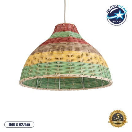 GloboStar® CABALLEROS 02053 Boho Κρεμαστό Φωτιστικό Οροφής Μονόφωτο 1 x E27 AC220-240V IP20 - Φ40 x Υ27cm - Πράσινο με Κίτρινο και Μπεζ με Κόκκινο Ξύλινο Μπαμπού Πλέγμα Καμπάνα - 5 Χρόνια Εγγύηση