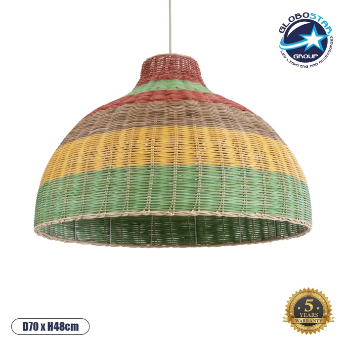 GloboStar® CABALLEROS 02054 Boho Κρεμαστό Φωτιστικό Οροφής Μονόφωτο 1 x E27 AC220-240V IP20 - Φ70 x Υ48cm - Πράσινο με Κίτρινο και Μπεζ με Κόκκινο Ξύλινο Μπαμπού Πλέγμα Καμπάνα - 5 Χρόνια Εγγύηση