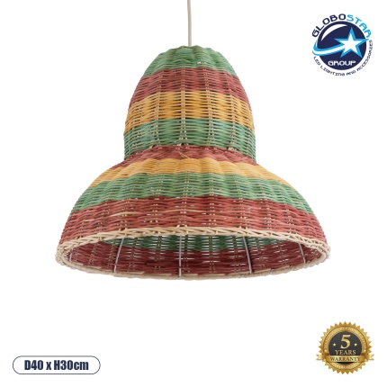 GloboStar® CABALLEROS 02057 Boho Κρεμαστό Φωτιστικό Οροφής Μονόφωτο 1 x E27 AC220-240V IP20 - Φ40 x Υ30cm - Πράσινο με Κίτρινο και Μπεζ με Κόκκινο Ξύλινο Μπαμπού Πλέγμα Καμπάνα - 5 Χρόνια Εγγύηση