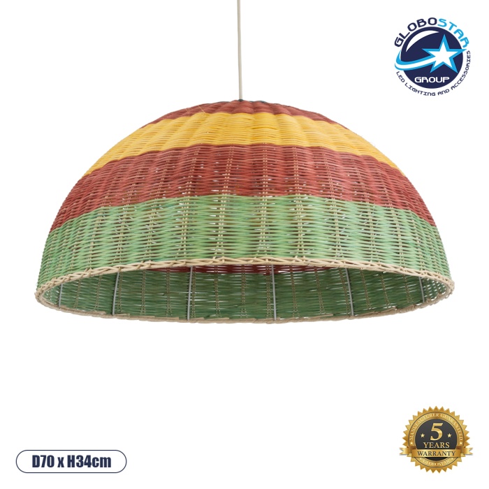 GloboStar® CABALLEROS 02061 Boho Κρεμαστό Φωτιστικό Οροφής Μονόφωτο 1 x E27 AC220-240V IP20 - Φ70 x Υ34cm - Πράσινο με Κίτρινο και Κόκκινο Ξύλινο Μπαμπού Πλέγμα Καμπάνα - 5 Χρόνια Εγγύηση