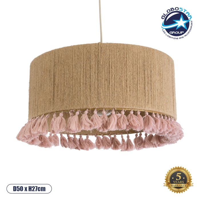 GloboStar® PUERTORICO 02096 Boho Κρεμαστό Φωτιστικό Οροφής Μονόφωτο 1 x E27 AC220-240V IP20 - Φ50 x Υ27cm - Μπεζ με Ροζ Λεπτό Νήμα Πλέγμα Βαμβακερό Καπέλο - 5 Χρόνια Εγγύηση