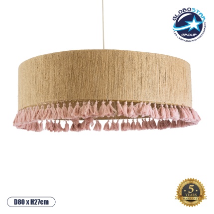 GloboStar® PUERTORICO 02097 Boho Κρεμαστό Φωτιστικό Οροφής Τρίφωτο 3 x E27 AC220-240V IP20 - Φ80 x Υ27cm - Μπεζ με Ροζ Λεπτό Νήμα Πλέγμα Βαμβακερό Καπέλο - 5 Χρόνια Εγγύηση