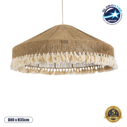 GloboStar® PUERTORICO 02099 Boho Κρεμαστό Φωτιστικό Οροφής Τριφωτο 3 x E27 AC220-240V IP20 - Φ80 x Υ35cm - Μπεζ με Λευκό Λεπτό Νήμα Πλέγμα Βαμβακερό Καπέλο - 5 Χρόνια Εγγύηση