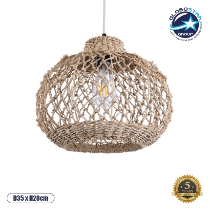 GloboStar® ECUADOR 02115 Boho Κρεμαστό Φωτιστικό Οροφής Μονόφωτο 1 x E27 AC220-240V IP20 - Φ35 x Υ28cm - Μπεζ Seagrass - Φύκι Πλέγμα Καμπάνα - 5 Χρόνια Εγγύηση