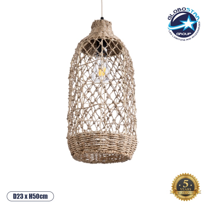 GloboStar® ECUADOR 02116 Boho Κρεμαστό Φωτιστικό Οροφής Μονόφωτο 1 x E27 AC220-240V IP20 - Φ23 x Υ50cm - Μπεζ Seagrass - Φύκι Πλέγμα Καμπάνα - 5 Χρόνια Εγγύηση