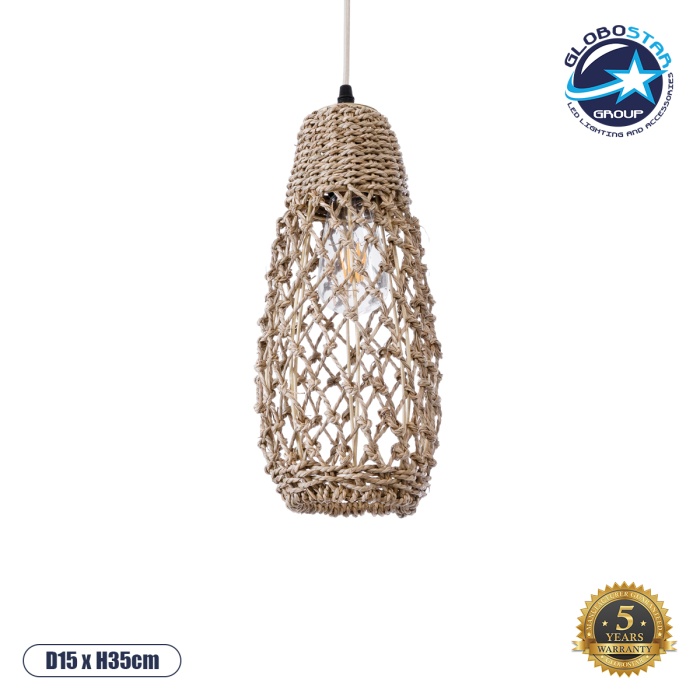 GloboStar® ECUADOR 02119 Boho Κρεμαστό Φωτιστικό Οροφής Μονόφωτο 1 x E27 AC220-240V IP20 - Φ15 x Υ35cm - Μπεζ Seagrass - Φύκι Πλέγμα Καμπάνα - 5 Χρόνια Εγγύηση