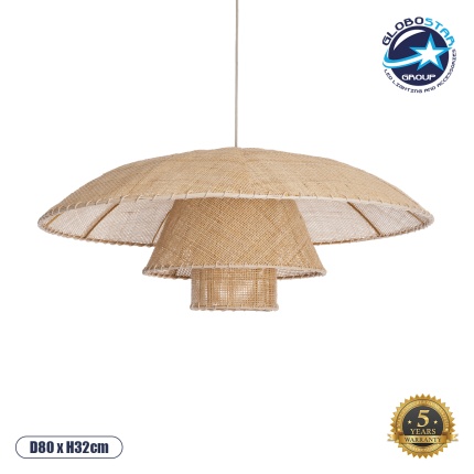 GloboStar® ZORA 02139 Boho Κρεμαστό Φωτιστικό Οροφής Μονόφωτο 1 x E27 AC220-240V IP20 - Φ80 x Υ32cm - Μπεζ Υφασμάτινο Καμπάνα - 5 Χρόνια Εγγύηση