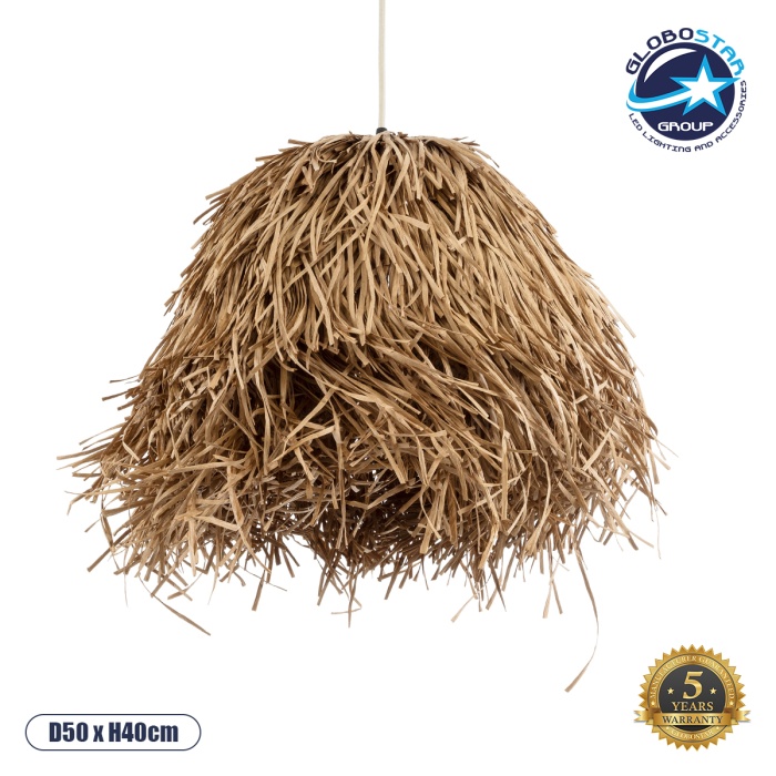 GloboStar® GUADELOUPE 02157 Boho Κρεμαστό Φωτιστικό Οροφής Μονόφωτο 1 x E27 AC220-240V IP20 - Φ50 x Υ40cm - Μπεζ Φυσική Ράφια Νήμα Πλέγμα Καμπάνα - 5 Χρόνια Εγγύηση