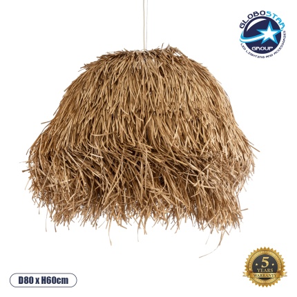 GloboStar® GUADELOUPE 02158 Boho Κρεμαστό Φωτιστικό Οροφής Μονόφωτο 1 x E27 AC220-240V IP20 - Φ80 x Υ60cm - Μπεζ Φυσική Ράφια Νήμα Πλέγμα Καμπάνα - 5 Χρόνια Εγγύηση