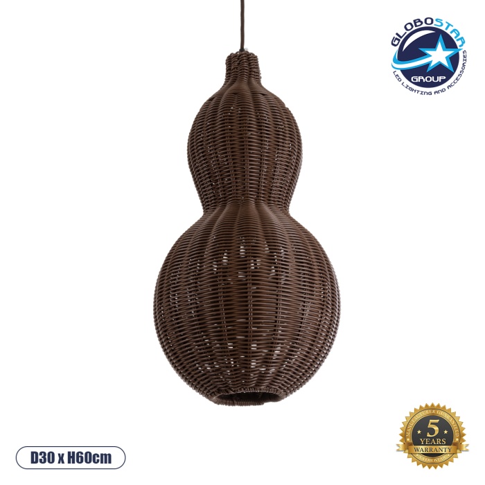 GloboStar® KINGSTOWN 02169 Boho Κρεμαστό Φωτιστικό Οροφής Μονόφωτο 1 x E27 AC220-240V IP20 - Φ30 x Υ60cm - Καφέ Ξύλινο Μπαμπού Πλέγμα - 5 Χρόνια Εγγύηση