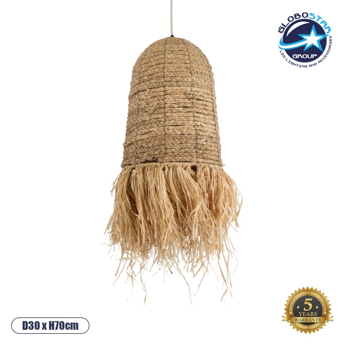 GloboStar® PORTOFERRAIO 02170 Boho Κρεμαστό Φωτιστικό Οροφής Μονόφωτο 1 x E27 AC220-240V IP20 - Φ30 x Υ70cm - Μπεζ Ξύλινο Μπαμπού Πλέγμα Καμπάνα - 5 Χρόνια Εγγύηση