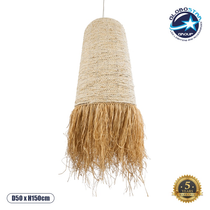 GloboStar® LETA 02171 Boho Κρεμαστό Φωτιστικό Οροφής Μονόφωτο 1 x E27 AC220-240V IP20 - Φ50 x Υ150cm - Μπεζ Φυσική Ράφια Νήμα Πλέγμα Καμπάνα - 5 Χρόνια Εγγύηση