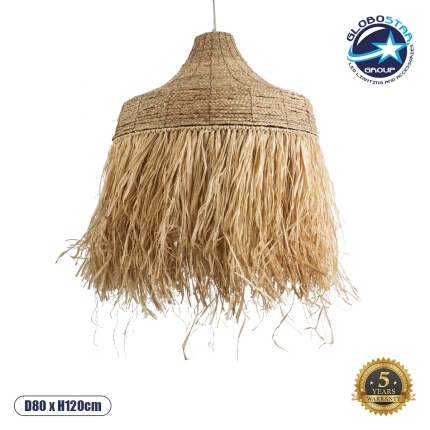 GloboStar® PORTOFERRAIO 02186 Boho Κρεμαστό Φωτιστικό Οροφής Μονόφωτο 1 x E27 AC220-240V IP20 - Φ80 x Υ120cm - Μπεζ Φυσική Ράφια Νήμα Πλέγμα Καμπάνα - 5 Χρόνια Εγγύηση