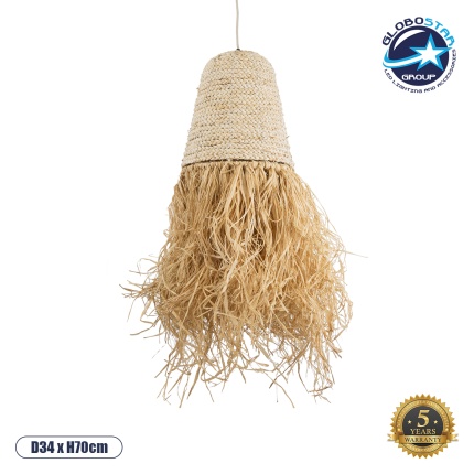 GloboStar® LETA 02189 Boho Κρεμαστό Φωτιστικό Οροφής Μονόφωτο 1 x E27 AC220-240V IP20 - Φ34 x Υ70cm - Μπεζ Φυσική Ράφια Νήμα Πλέγμα Καμπάνα - 5 Χρόνια Εγγύηση