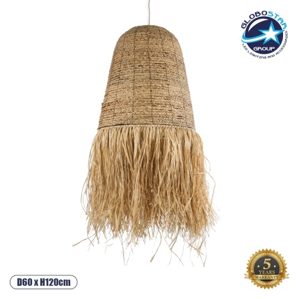 GloboStar® PORTOFERRAIO 02190 Boho Κρεμαστό Φωτιστικό Οροφής Μονόφωτο 1 x E27 AC220-240V IP20 - Φ60 x Υ120cm - Μπεζ Φυσική Ράφια Νήμα Πλέγμα Καμπάνα - 5 Χρόνια Εγγύηση