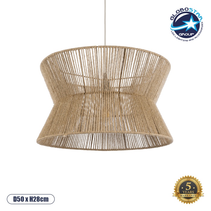 GloboStar® BISBEE 02204 Boho Κρεμαστό Φωτιστικό Οροφής Μονόφωτο 1 x E27 AC220-240V IP20 - Φ50 x Υ28cm - Μπεζ Λεπτό Σχοινί Τριχιά Πλέγμα - 5 Χρόνια Εγγύηση