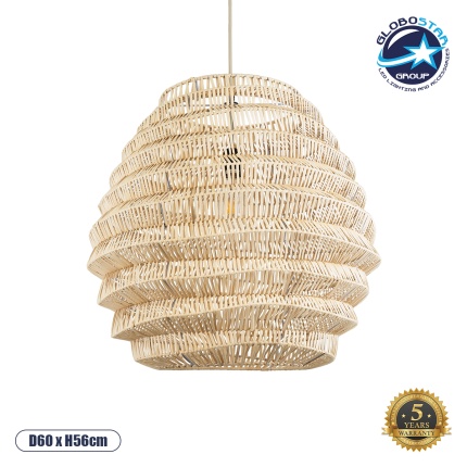 GloboStar® OREGON 02206 Boho Κρεμαστό Φωτιστικό Οροφής Μονόφωτο 1 x E27 AC220-240V IP20 - Φ60 x Υ56cm - Μπεζ Μπαμπού Πλέγμα - 5 Χρόνια Εγγύηση