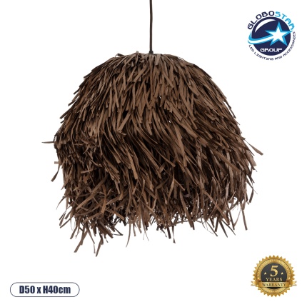 GloboStar® GUADELOUPE 02293 Boho Κρεμαστό Φωτιστικό Οροφής Μονόφωτο 1 x E27 AC220-240V IP20 - Φ50 x Υ40cm - Καφέ Σκούρο Φυσική Ράφια Νήμα Πλέγμα Καμπάνα - 5 Χρόνια Εγγύηση