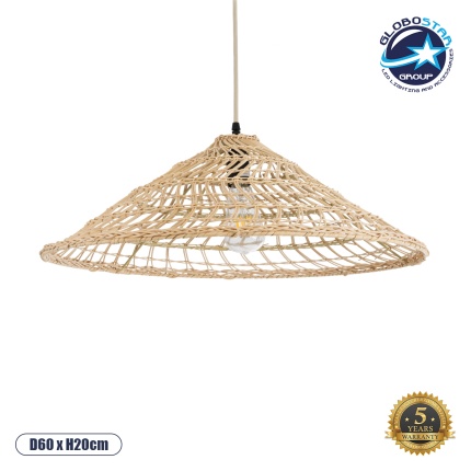 GloboStar® KAIA 02346 Boho Κρεμαστό Φωτιστικό Οροφής Μονόφωτο 1 x E27 AC220-240V IP20 - Φ60 x Υ20cm - Μπεζ Ξύλινο Μπαμπού Πλέγμα Καμπάνα - 5 Χρόνια Εγγύηση